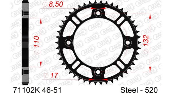 DC AFAM MX Stahl-Kettenrad 428 - 47Z (Schwarz) 71102K-47| ID 110 LK 132 4-Loch