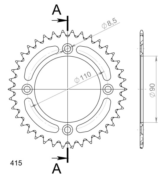 Supersprox Alu-Kettenrad 415 - 39Z (silber) RAL-452:39-SLV|ID 90,0 LK 110,0 4-Loch