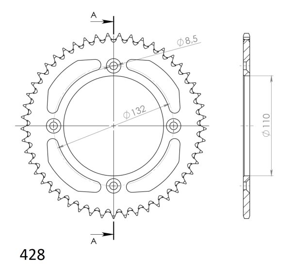 Supersprox Alu-Kettenrad 428 - 49Z (rot) RAL-898:49-RED|ID 110,0 LK 132,0 4-Loch