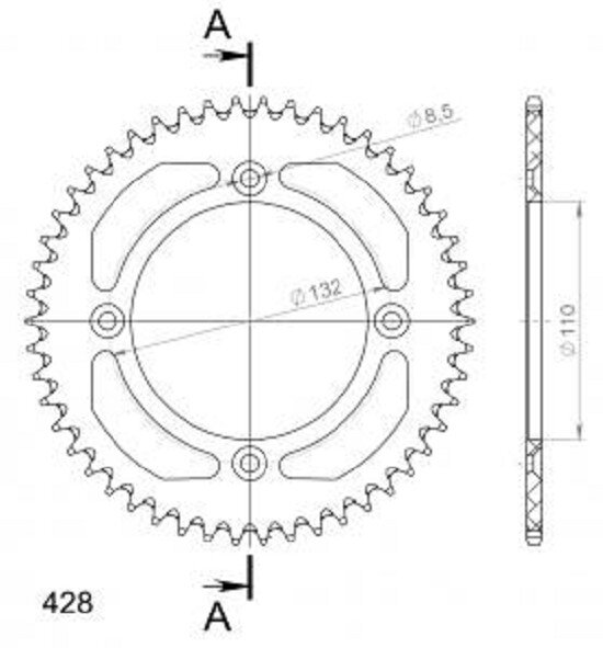 Supersprox Alu-Kettenrad 428 - 50Z (silber) RAL-898:50-SLV|ID 110,0 LK 132,0 4-Loch