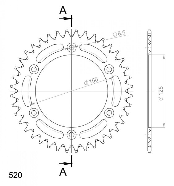 Supersprox Alu-Kettenrad 520 - 38Z (silber) RAL-990:38-SLV|ID 125,0 LK 150,0 6-Loch