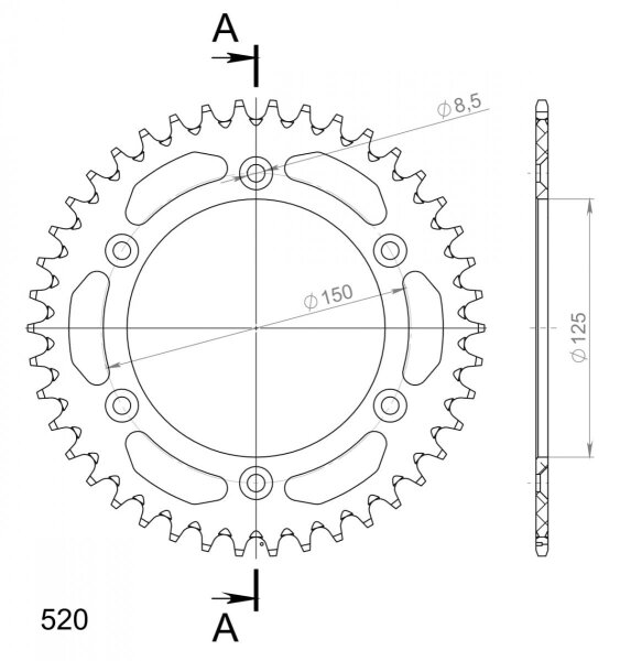 Supersprox Alu-Kettenrad 520 - 43Z (silber) RAL-990:43-SLV|ID 125,0 LK 150,0 6-Loch