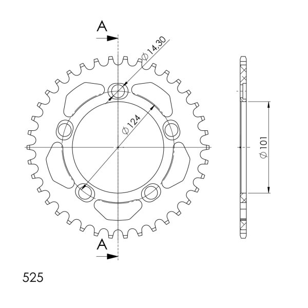 Supersprox Alu-Kettenrad 525 - 38Z (orange) RAL-991:38-ORG|ID 101,0 LK 124,0 5-Loch