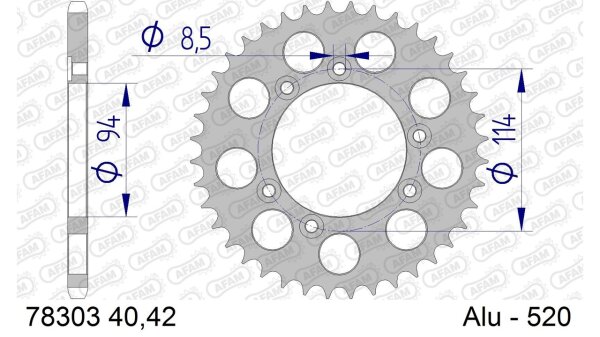 DC AFAM Alu-Kettenrad 520 - 42Z (Silber) 78303-42 | ID 94 LK 114 6-Loch