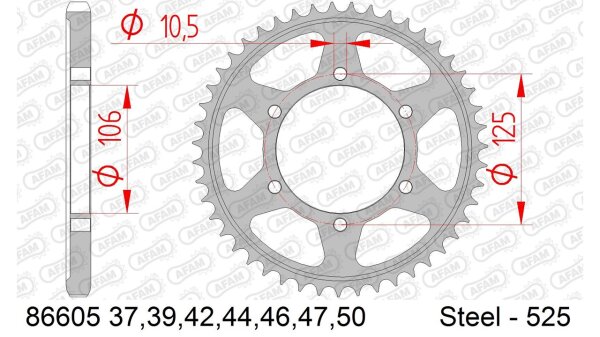 DC AFAM Stahl-Kettenrad 525 - 39Z (Schwarz) 86605-39| ID 106 LK 125 6-Loch