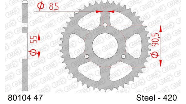 DC AFAM Stahl-Kettenrad 420 - 47Z (Silber) 80104-47| ID 55 LK 90,5 3-Loch