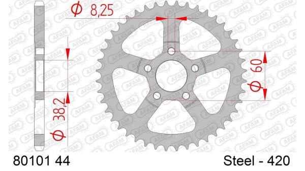 DC AFAM Stahl-Kettenrad 420 - 44Z (Silber) 80101-44| ID 38,2 LK 60 5-Loch