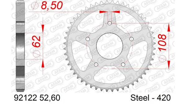 DC AFAM Stahl-Kettenrad 420 - 52Z (Silber) 92122-52| ID 62 LK 108 5-Loch