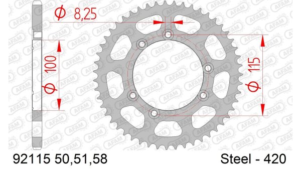 DC AFAM Stahl-Kettenrad 420 - 51Z (Silber) 92115-51| ID 100 LK 115 6-Loch