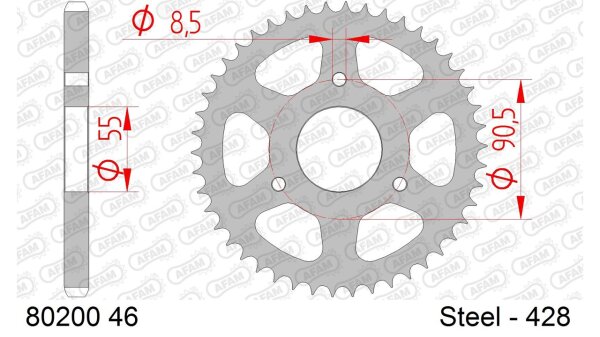 DC AFAM Stahl-Kettenrad 428 - 46Z (Silber) 80200-46| ID 55 LK 90,5 3-Loch