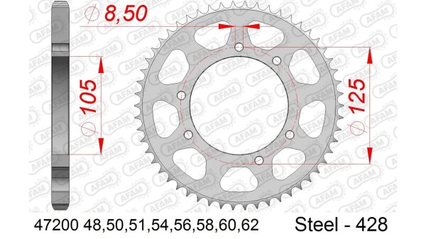 DC AFAM Stahl-Kettenrad 428 - 50Z (Silber) 47200-50| ID 105 LK 125 6-Loch