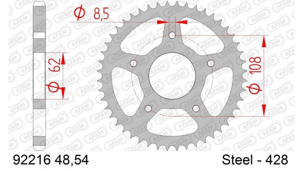 DC AFAM Stahl-Kettenrad 428 - 54Z (Silber) 92216-54| ID 62 LK 108 5-Loch