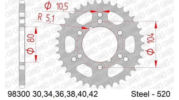 DC AFAM Stahl-Kettenrad 520 - 40Z (Silber) 98300-40| ID 80 LK 104 6-Loch