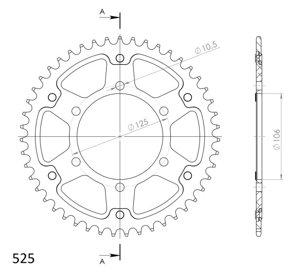 Supersprox Stealth-Kettenrad 525 - 47Z (silber) RST-2012:47-SLV|ID 106,0 LK 125,0 6-Loch