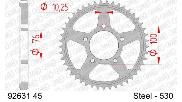 DC AFAM Stahl-Kettenrad 530 - 45Z (Silber) 92631-45| ID 76 LK 100 5-Loch