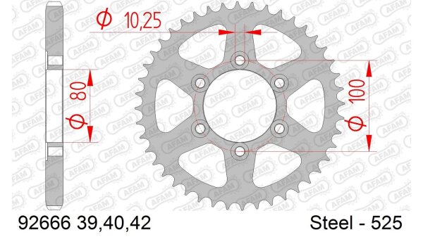 DC AFAM Stahl-Kettenrad 525 - 40Z (Silber) 92666-40| ID 80 LK 100 6-Loch