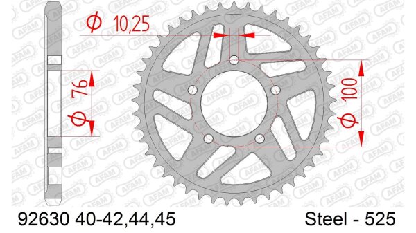 DC AFAM Stahl-Kettenrad 525 - 45Z (Silber) 92630-45| ID 76 LK 100 5-Loch