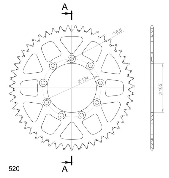 Supersprox Alu-Kettenrad 520 - 51Z (orange) RAL-151:51-ORG|ID 105,0 LK 124,0 9-Loch