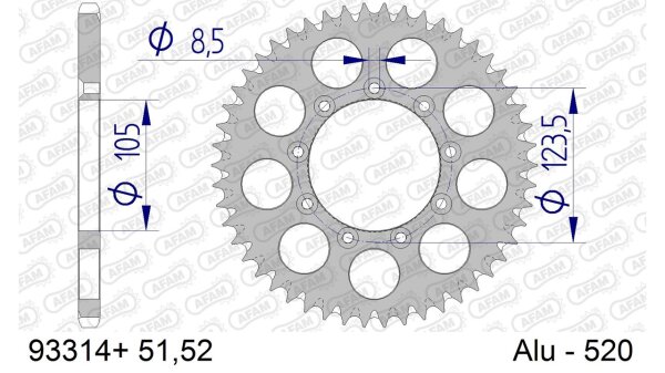 DC AFAM Alu-Kettenrad 520 - 51Z (Gun Metal) 93314+51 | ID 105 LK 123,5 9-Loch mit Schlammnut