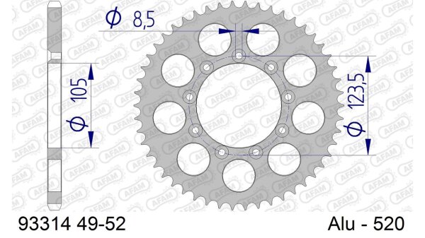 DC AFAM Alu-Kettenrad 520 - 51Z (Silber) 93314-51 | ID 105 LK 123,5 9-Loch