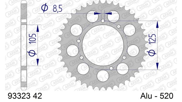 DC AFAM Alu-Kettenrad 520 - 42Z (Silber) 93323-42 | ID 105 LK 125 6-Loch