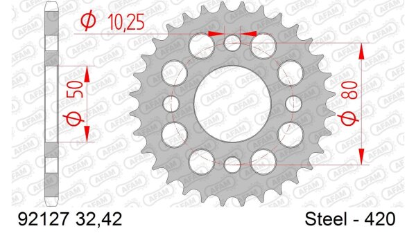 DC AFAM Stahl-Kettenrad 420 - 32Z (Silber) 92127-32| ID 50 LK 80 4-Loch