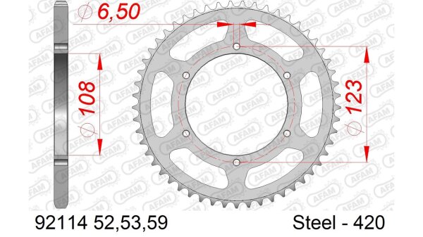 DC AFAM Stahl-Kettenrad 420 - 52Z (Silber) 92114-52| ID 108 LK 123 6-Loch