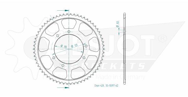 Esjot Stahl-Kettenrad 428 - 62Z 50-15097-62 | ID 105,0 LK 125,0 6-Loch