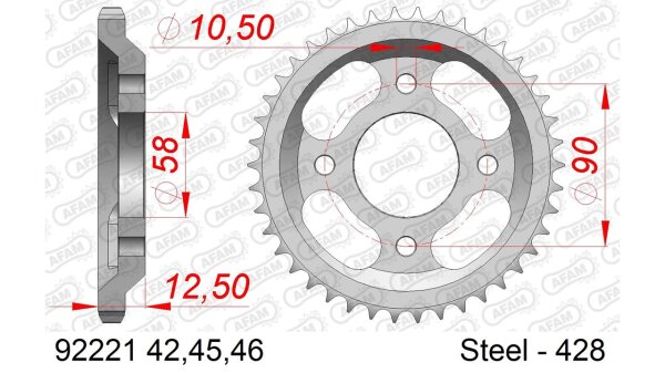 DC AFAM Stahl-Kettenrad 428 - 45Z (Silber) 92221-45| ID 58 LK 90 4-Loch