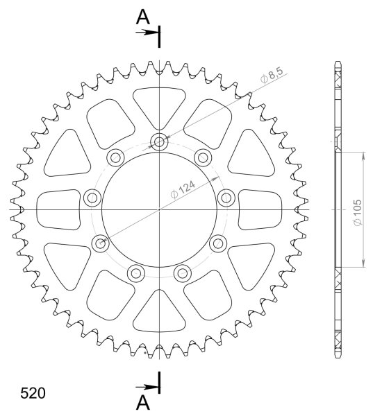 Supersprox Alu-Kettenrad 520 - 52Z (orange) RAL-151:52-ORG|ID 105,0 LK 124,0 9-Loch