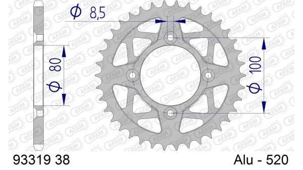 DC AFAM Alu-Kettenrad 520 - 38Z (Silber) 93319-38 | ID 80 LK 100 4-Loch