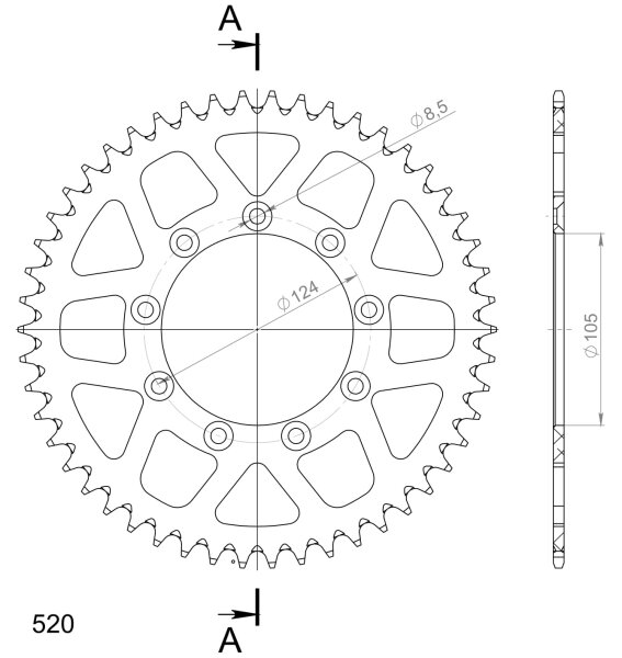 Supersprox Alu-Kettenrad 520 - 50Z (orange) RAL-151:50-ORG|ID 105,0 LK 124,0 9-Loch