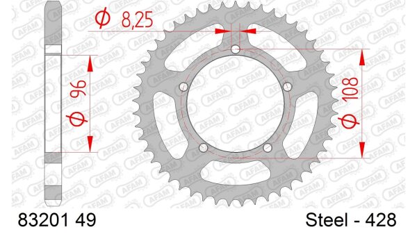 DC AFAM Stahl-Kettenrad 428 - 49Z (Silber) 83201-49| ID 96 LK 108 5-Loch