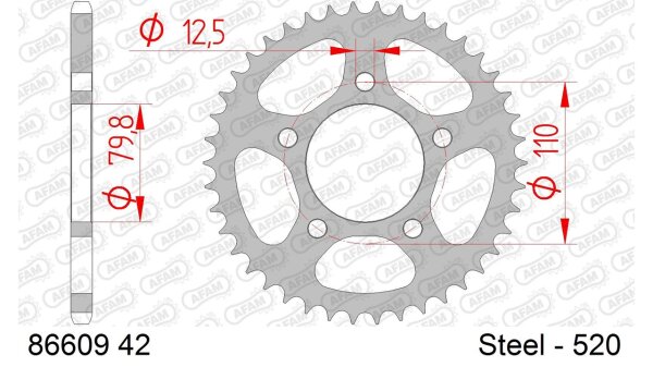 DC AFAM Stahl-Kettenrad 520 - 42Z (Silber) 86609-42| ID 79,8 LK 110 5-Loch