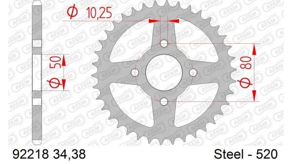 DC AFAM Stahl-Kettenrad 520 - 38Z (Schwarz) 92218-38| ID 50 LK 90 4-Loch