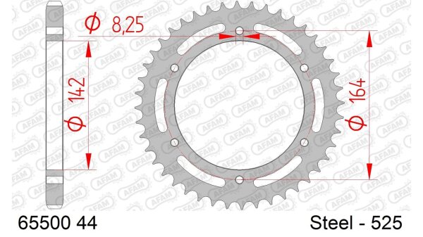 DC AFAM Stahl-Kettenrad 525 - 44Z (Silber) 65500-44| ID 142 LK 164 6-Loch