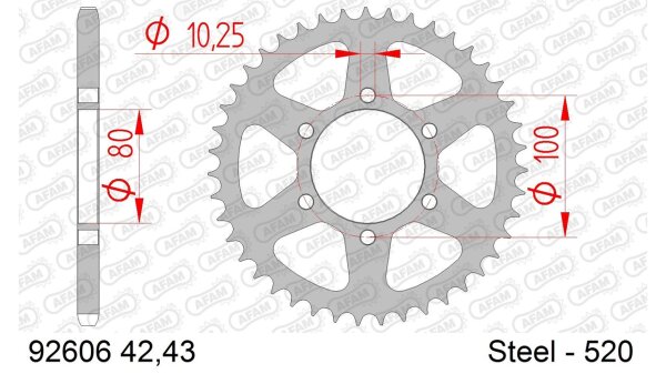 DC AFAM Stahl-Kettenrad 520 - 43Z (Silber) 92606-43| ID 80 LK 100 6-Loch