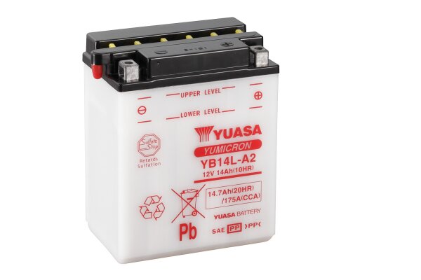 Yuasa Batterie YB14L-A2 (DC) ohne Säure 12V/14AH (10 Std.) [136x91x168] CCA=175A Säurefüllmenge 900 ml