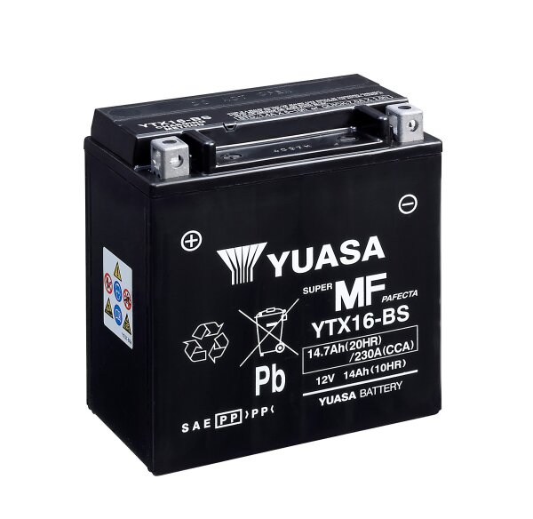 Yuasa Batterie YTX16-BS (CP) mit Säurepack 12V/14AH (10 Std.) [150x87x161] CCA=230A