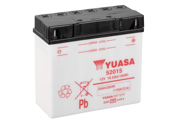 Yuasa Batterie 52015 (DC) ohne Säure 12V/20AH (20 Std.) [186x82x171] CCA=110A Säurefüllmenge 1000 ml