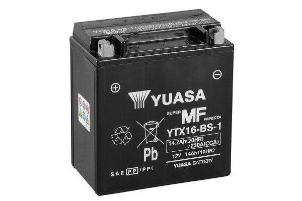 Yuasa Batterie YTX16-BS-1 (CP) mit Säurepack 12V/14AH (10 Std.) [150x87x161] CCA=230A