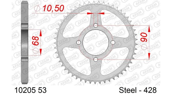 DC AFAM Stahl-Kettenrad 428 - 53Z (Silber) 10205-53| ID 68 LK 90 4-Loch