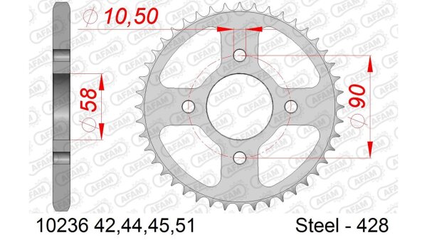 DC AFAM Stahl-Kettenrad 428 - 51Z (Silber) 10236-51| ID 58 LK 90 4-Loch