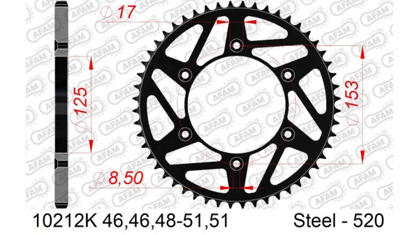 DC AFAM MX Stahl-Kettenrad 520 - 50Z (Schwarz) 10212K-50| ID 125 LK 153 6-Loch