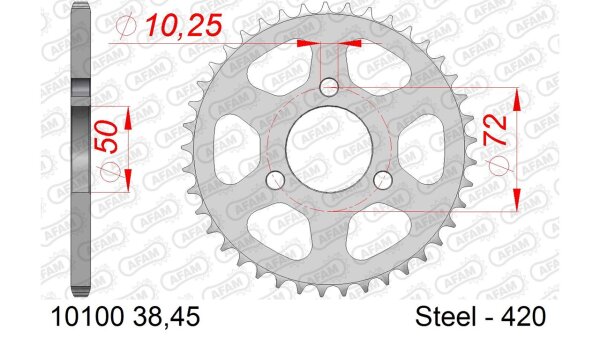 DC AFAM Stahl-Kettenrad 420 - 45Z (Silber) 10100-45| ID 50 LK 72 3-Loch