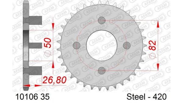 DC AFAM Stahl-Kettenrad 420 - 35Z (Silber) 10106-35| ID 50 LK 82 4-Loch