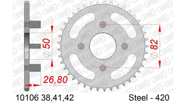 DC AFAM Stahl-Kettenrad 420 - 41Z (Silber) 10106-41| ID 50 LK 82 4-Loch