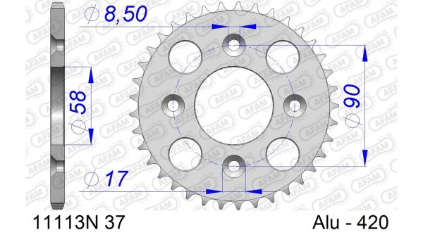 DC AFAM Alu-Kettenrad 420 - 37Z (Silber) 11113N-37 | ID 58 LK 90 4-Loch