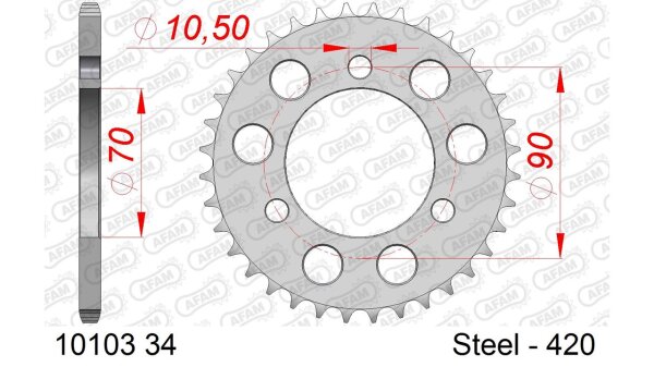 DC AFAM Stahl-Kettenrad 420 - 34Z (Silber) 10103-34| ID 70 LK 90 3-Loch