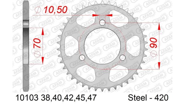 DC AFAM Stahl-Kettenrad 420 - 47Z (Silber) 10103-47| ID 70 LK 90 3-Loch